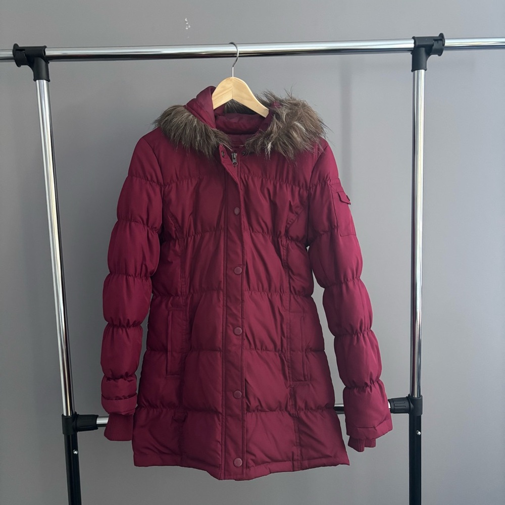 Ruff Hewn Small Maroon Feather Filled Puffer Jacket with Faux Fur Hood